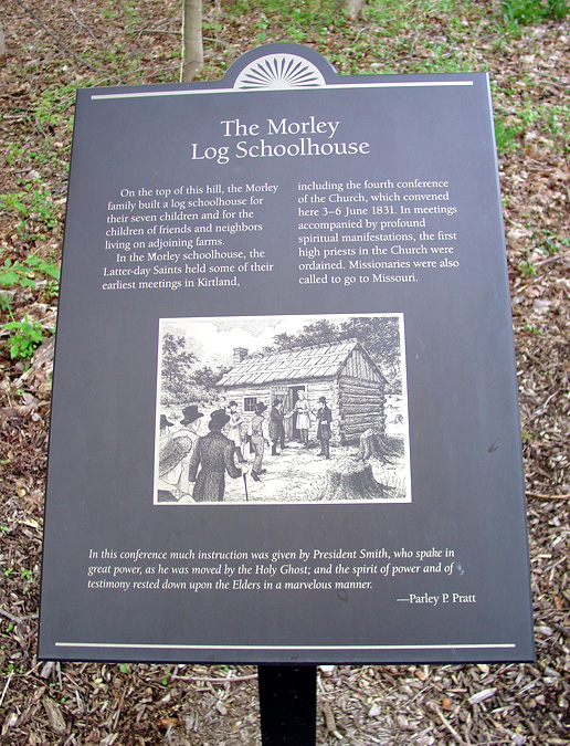 Interpretive sign on a path on what was once the Isaac Morley farm. Photo (2005) by Kenneth Mays.