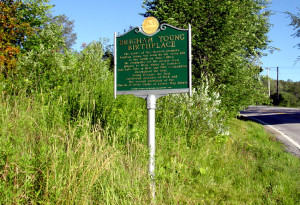 A sign at Whitingham noting that it was the birthplace of Brigham Young. Photo by Kenneth Mays.