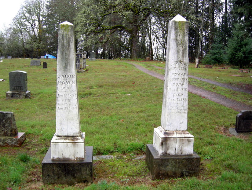 Graves of Jacob and Harriett Hawn, Yamhill, Oregon showing correct spelling. Photo by Alexander Baugh.