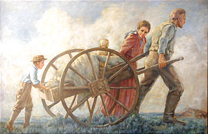 Cloy Kent painting of handcart family, which hangs in Iowa City 4th Ward meetinghouse, is prominent in the city's promotion of handcart sesquicentennial observance, one of two celebrations occurring in June. Photo courtesy Iowa City Handcart Sesquicentennial Committee