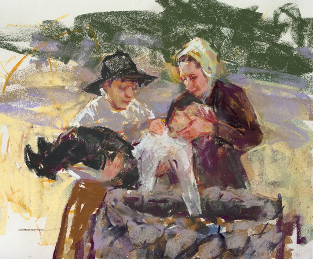Afraid of another attack, short of help, and facing unseaonably cold temperatures, the shocked survivors quickly buried their dead in an unfinished dry well. Painting by Julie Rogers.