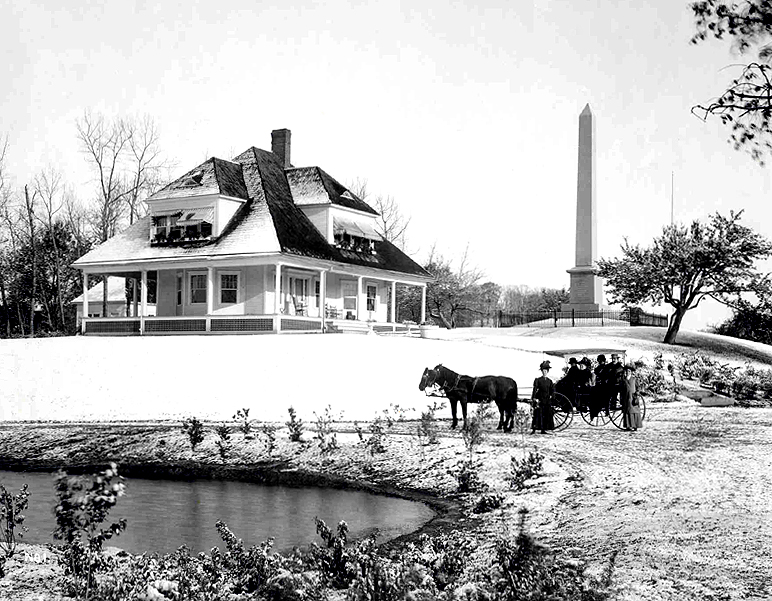 View of Sharon, Vermont (1907) showing the monument and Memorial Cottage. Photo by George Edward Anderson.
