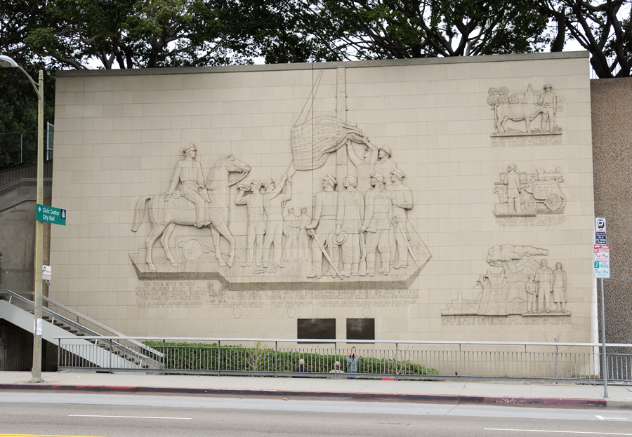 Panel at Fort Moore depicting the flag raising of July 4, 1847. Photo by Kenneth Mays.
