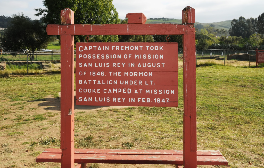 Sign at Old Mission San Luis Rey noting the Mormon Battalion. Photo by Kenneth Mays.