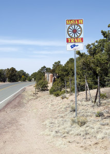 A sign notes the approximate route of the Santa Fe Trail.