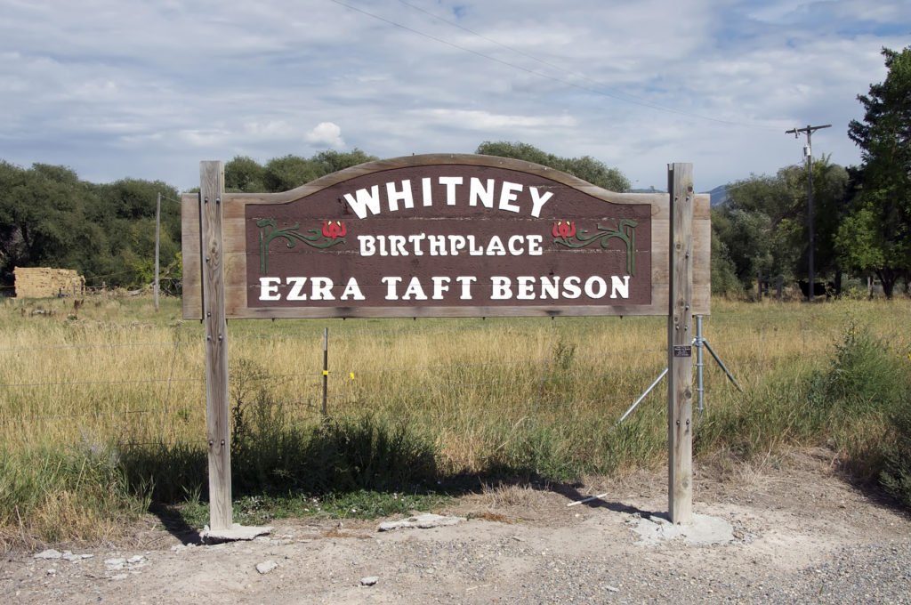 Sign noting that Whitney is the birthplace of Ezra Taft Benson. Photo by Kenneth Mays.