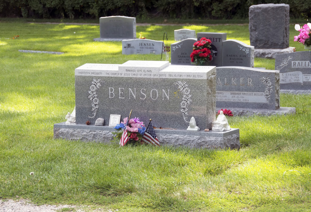 Headstone of Ezra Taft Benson and wife, Flora. Photo by Kenneth Mays.