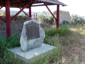 Historical plaque adjacent to a remnant of adobe wall of Fort Lemhi. Photo by Kenneth Mays.