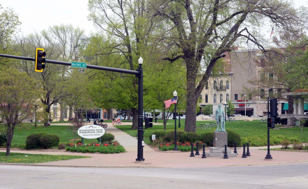 Washington Park, Quincy, Illinois with statue of John Wood in the foreground, right. Photo by Kenneth Mays