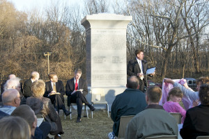 Monument to The Eight Witnesses of the Book of Mormon, Liberty, Missouri, at the time it was dedicated. Photo by Kenneth Mays.